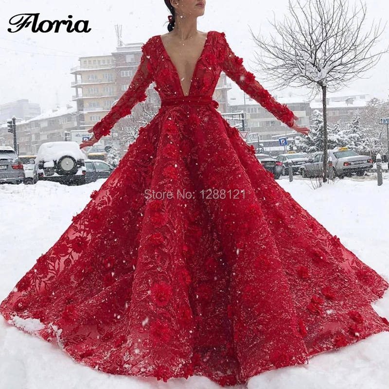 

V Neck 3D Flower Red Dubai Evening Dresses Long Sleeve Lace Islamic Middle East Prom Dress 2019 Robe De Soiree Kaftan Party Gown