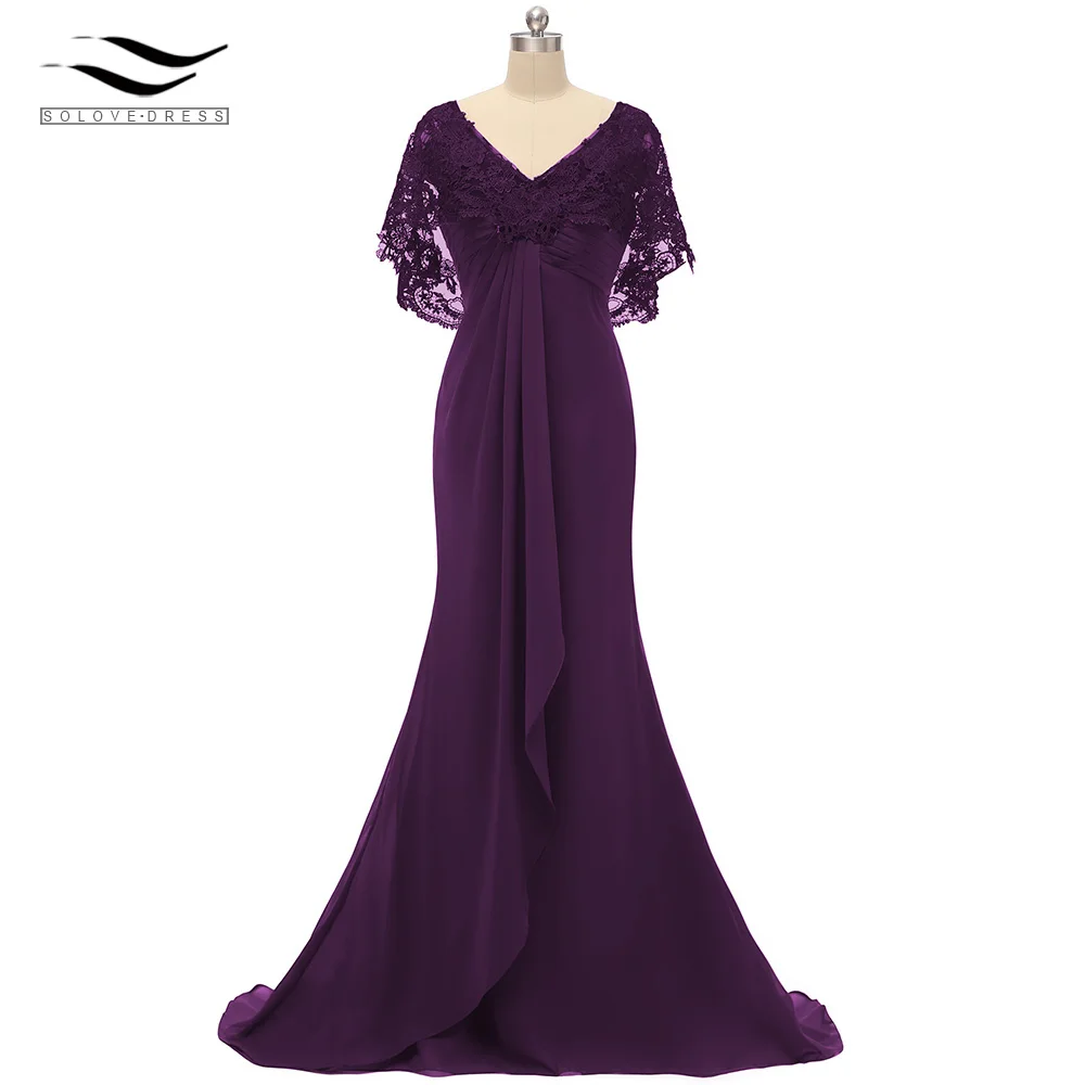 Dark Purple Женское кружевное шифоновое платье в пол с v-образным вырезом на спине, элегантное ТРАПЕЦИЕВИДНОЕ вечернее платье, vestido de festa SLD-S016 - Цвет: Dark Purple