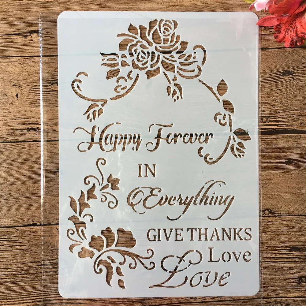 

A4 Happy Forever Words Flower DIY Craft Layering Stencils Painting Scrapbooking Stamping Embossing Album Paper Card Template