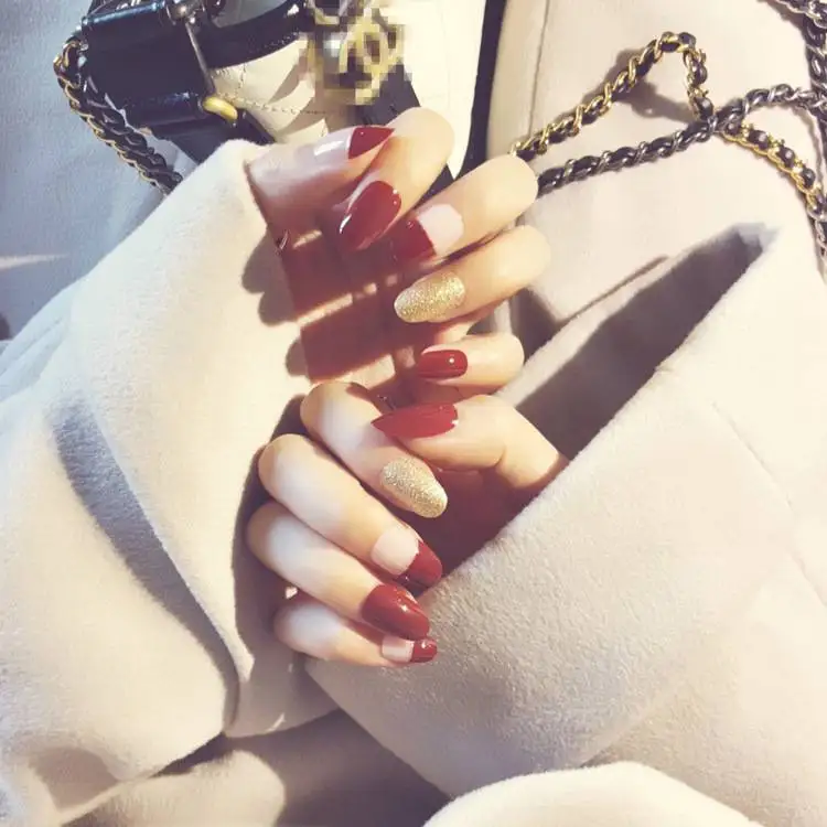 Medium Round Press On Nails Golden Glitter Decoration Artificial Wine Red Fake Tips Long 24pcs/kit | Красота и здоровье