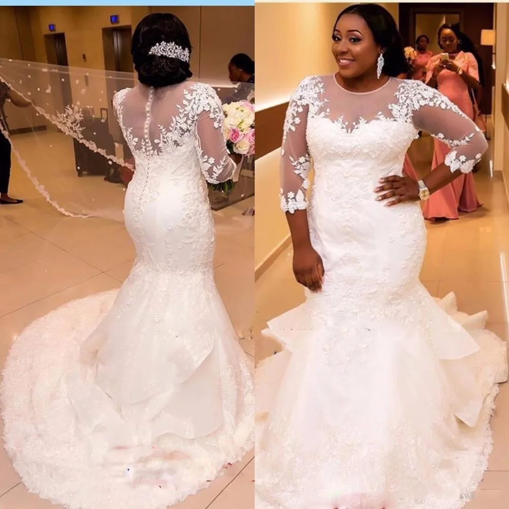 

Plus Size Vestido De Noiva Muslim Wedding Dresses Mermaid Long Sleeves Tulle Lace Dubai Arabic Wedding Gown Bridal Dresses