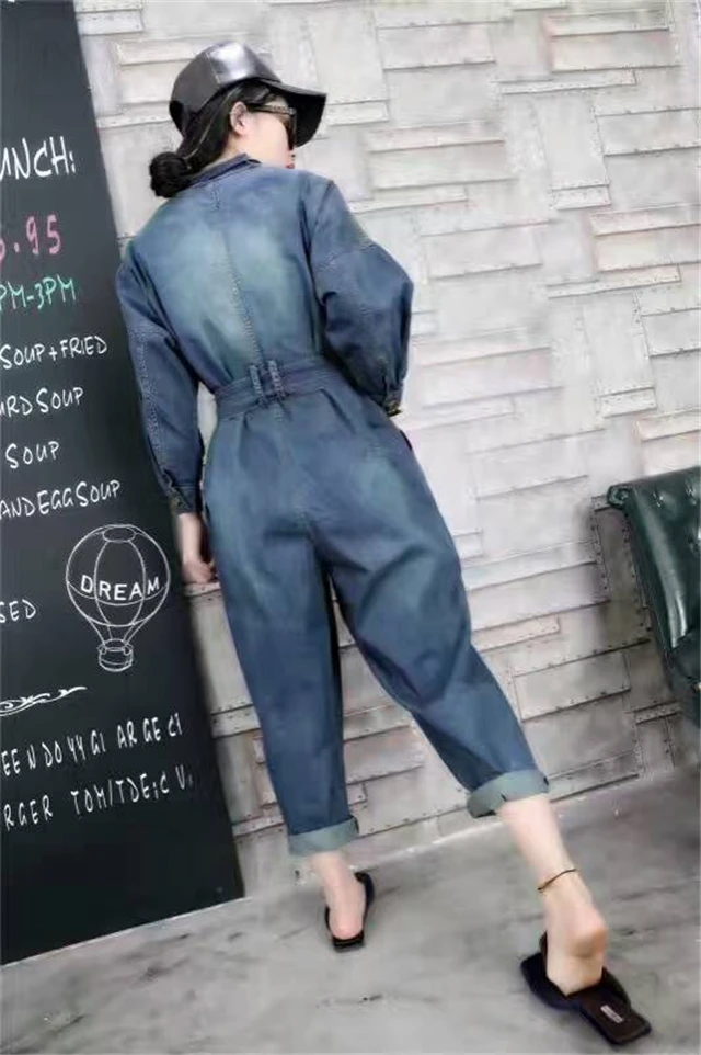 

plus size 2XL!Spring safari style fashion Women Long Sleeve Denim Jumpsuit Solid Turn-Down Collar ankle length Jeans Overalls