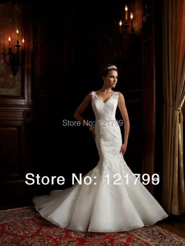 2014 New Arrival Luxury Mermaid Lace Wedding Dresses V-neck Chapel Train Backless Tulle Bridal Gowns Free Shipping zj282 | Свадьбы и