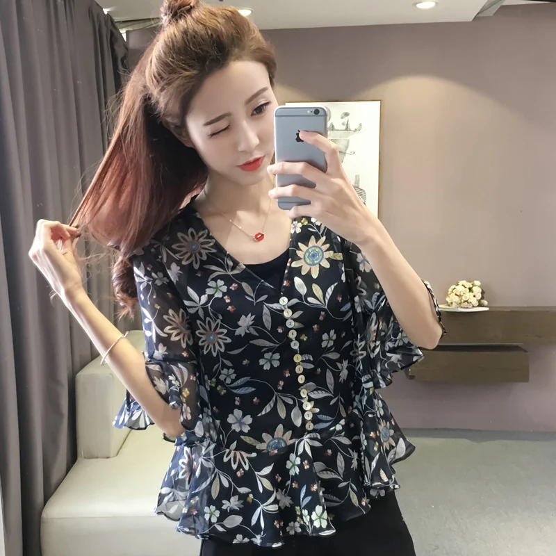 2018 Летние шифоновые блузки Цветочный принт футболка короткий рукав Для женщин