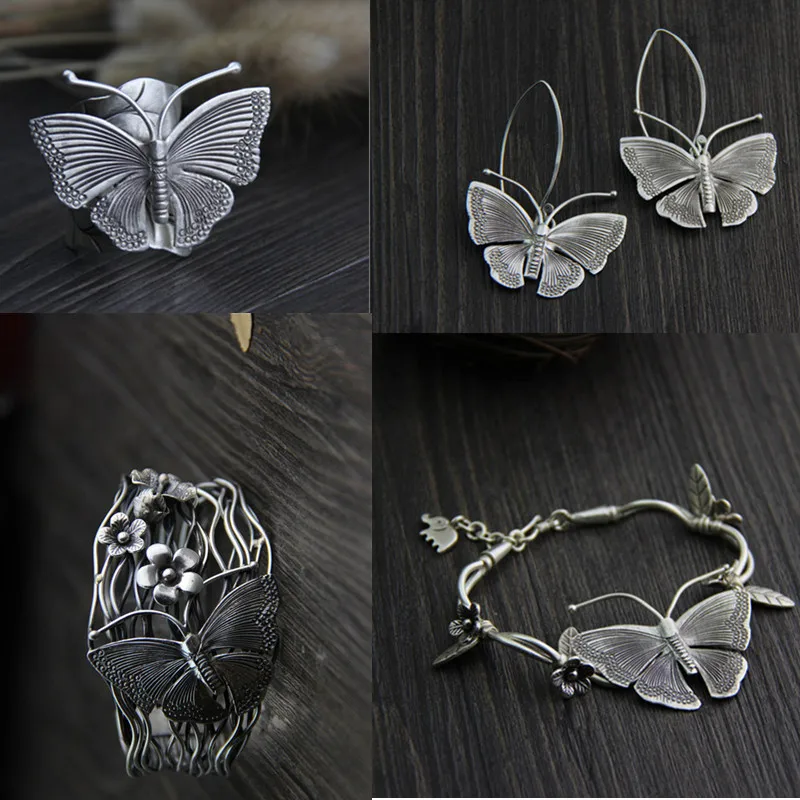 Jewelry sets Тайский серебряный классические ювелирные комплекты кольца с бабочкой Экстра широкая нарукавная нашивка браслеты этнический стиль 925 стерлингового серебра серьги для женщин - Окраска металла: Jewelry sets