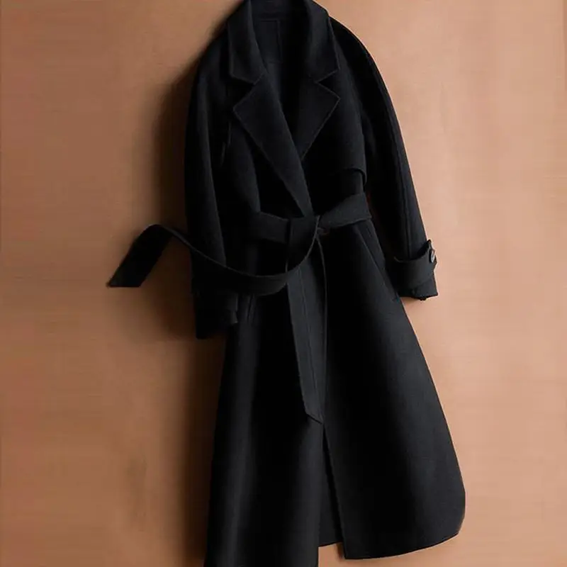 New Autumn Winter Pure Handmade Cashmere Coat Women Trench Cardigan Double Faced Wool Jacket Ladies Solid Overcoat X28 - Цвет: Черный