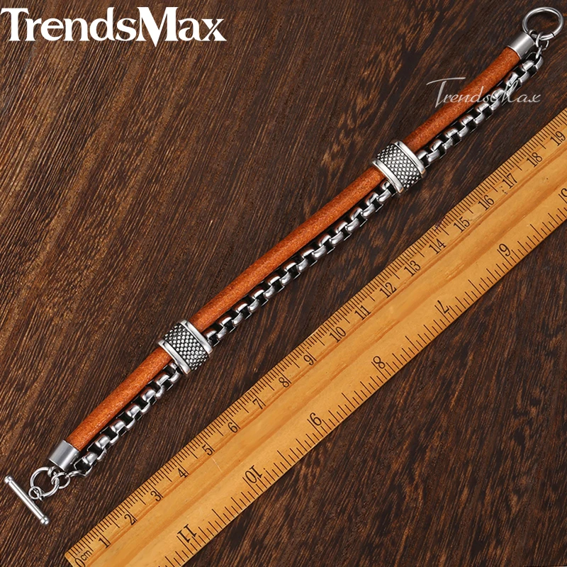 Trendsmax, кожаный браслет для мужчин, нержавеющая сталь, коробка, цепь, звено, браслет, мужские s браслеты,, модное ювелирное изделие для пряжки, DLB70