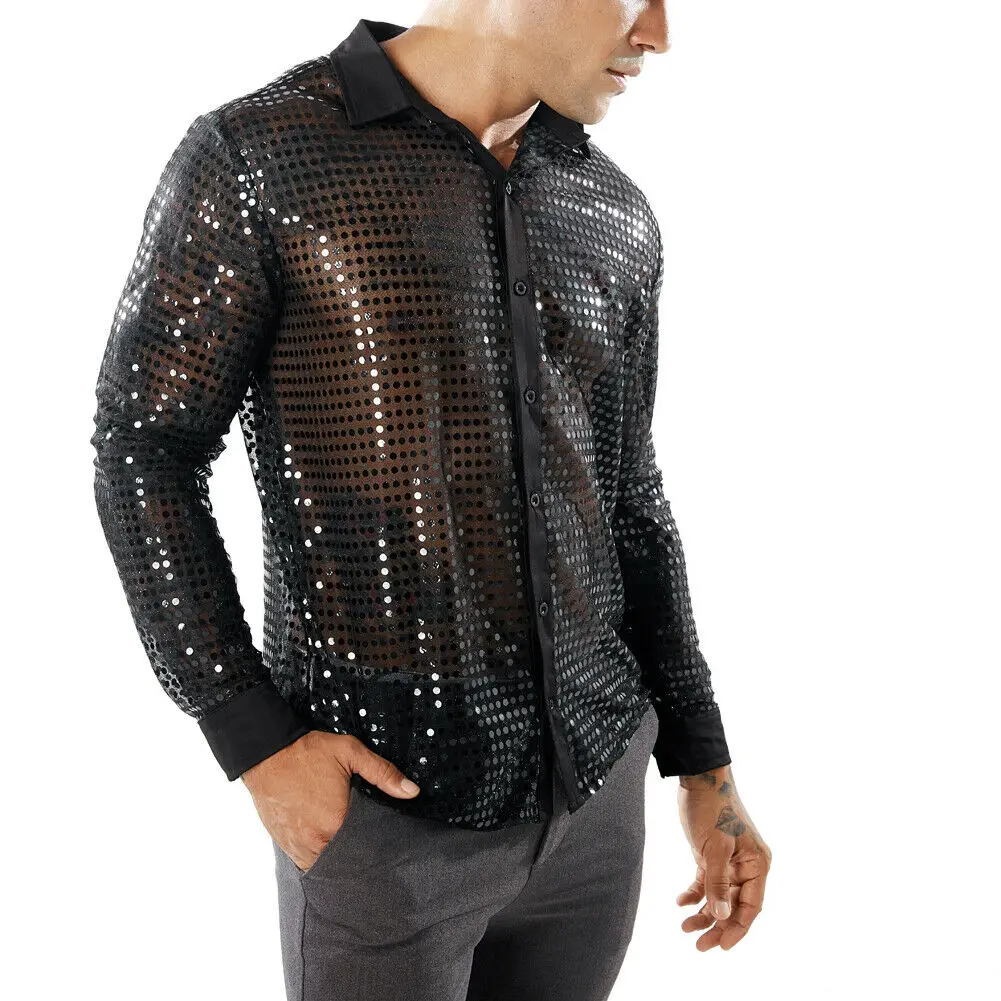 Hirigin 2019 Men Long Sleeve Shirt Dot Scales Nightclub Lapel Casual Blouse Fitness | Мужская одежда