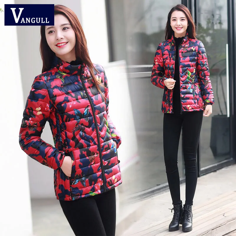 red butterfly Vangull, женские зимние куртки, пальто, парка,, новая мода, Ретро стиль, цветочный принт, пальто, толстые, теплые, Chaquetas Mujer размера плюс, 6XL - Цвет: red butterfly