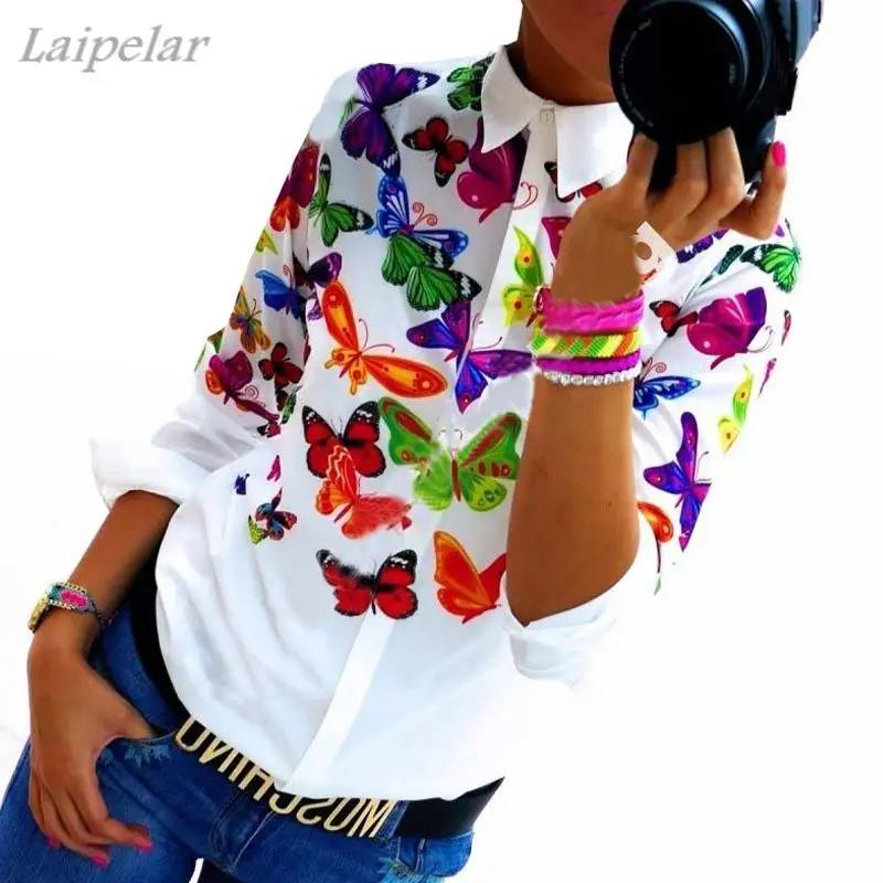 

Блузка женская с цветочным принтом/бабочкой, элегантная белая рубашка, топ на весну-лето и осень, облегающие Женские блузки