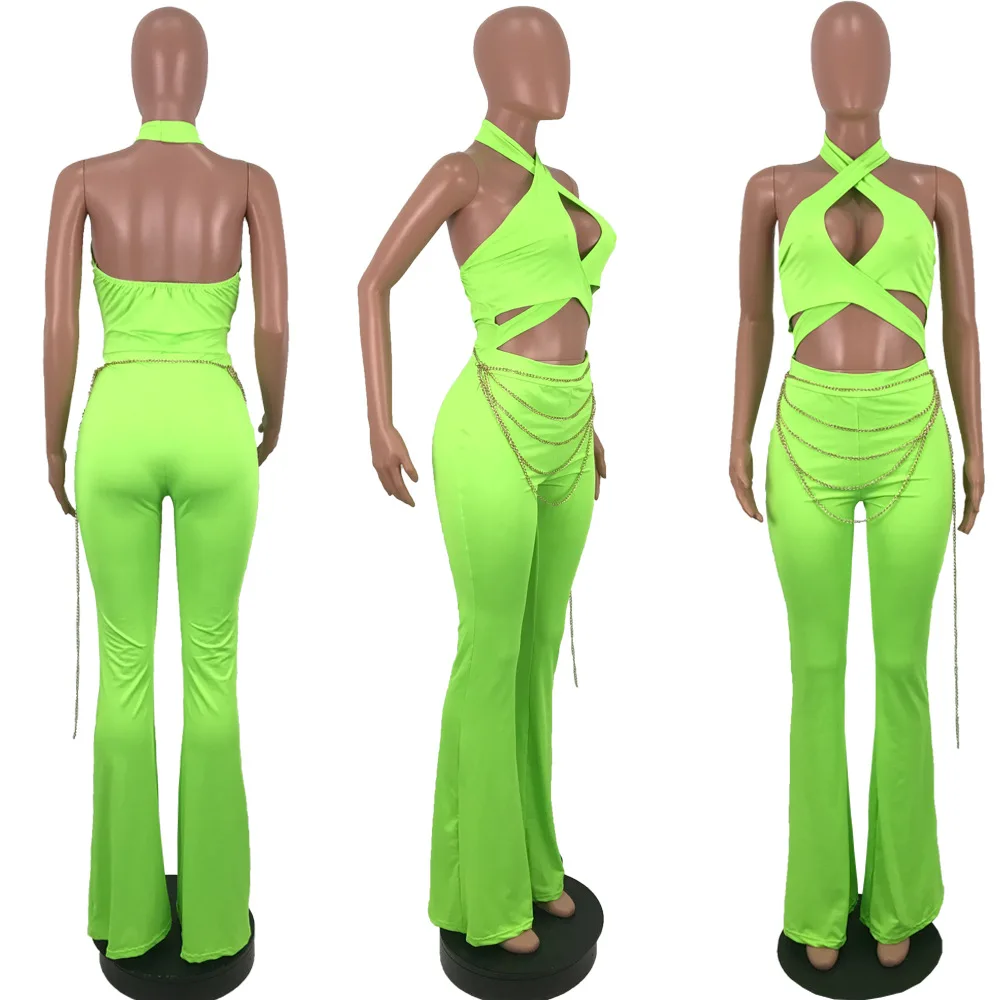 

Fluorescent Green Halter Hollow Out Backless Corset Chain Sexy Women Jumpsuits Summer Playsuits Bodysuits