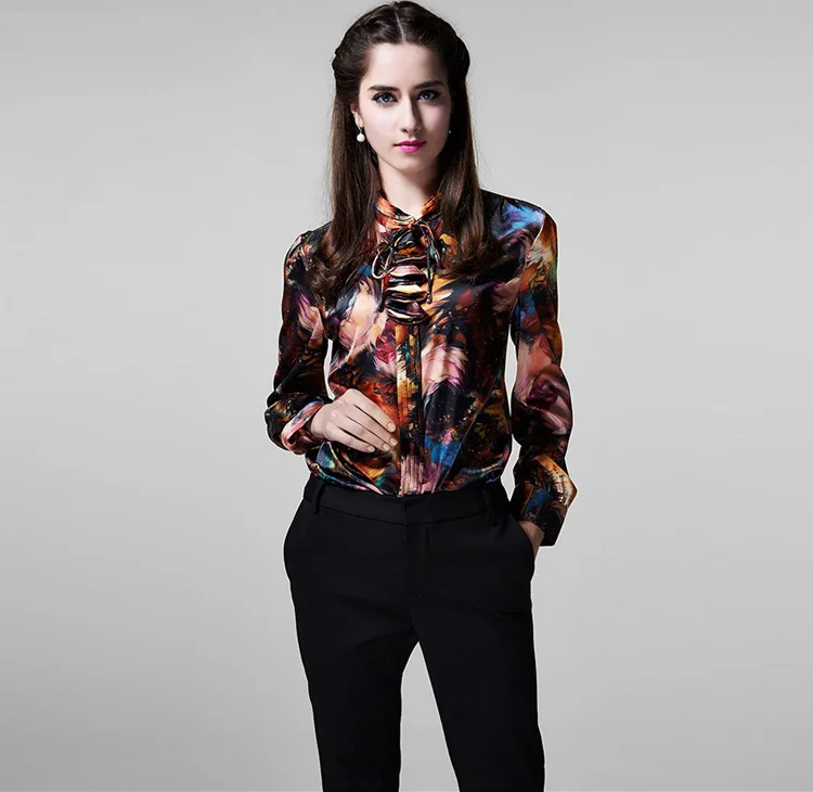 Рубашка из 100% шелка и сатина Женская с принтом новая модель Весенняя рубашка