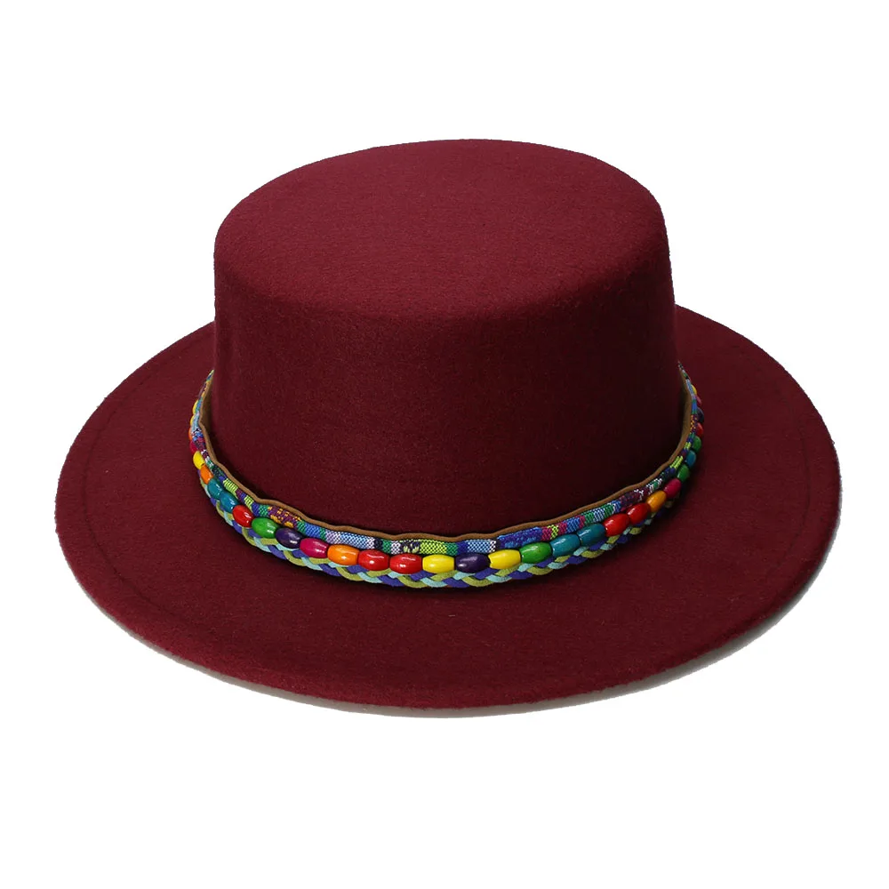 

LUCKYLIANJI Women Men Vintage 100% Wool Wide Brim Cap Pork Pie Porkpie Bowler Hat Nation Wind Bead Leather Band (57cm/Adjusted)