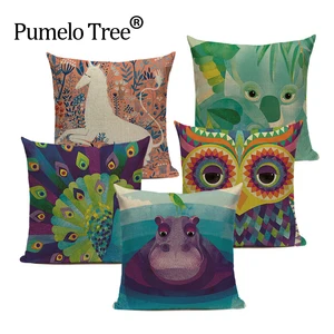 Квадратный чехол для подушки, с рисунком акварельных животных, павлина, совы, подушка в форме гиппопотама