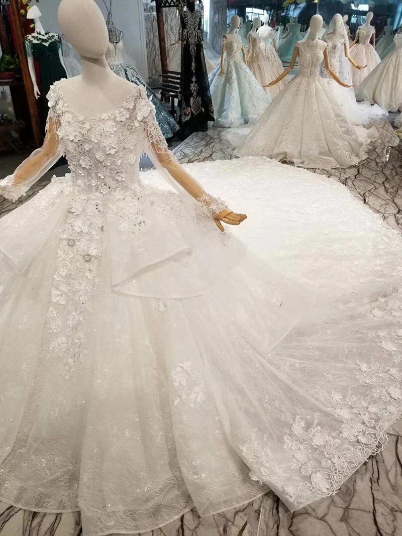 LSS075 free shipping beauty wedding gown o-neck long sleeve ball petal 3D flowers vestido elegante mujer para invitada boda | Свадьбы и