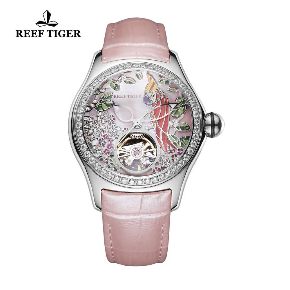 Reef Tiger Diamonds Fashion Watches Women Steel Genuine Leather Strap Automatic Analog Watches Waterproof RGA7105 enlarge