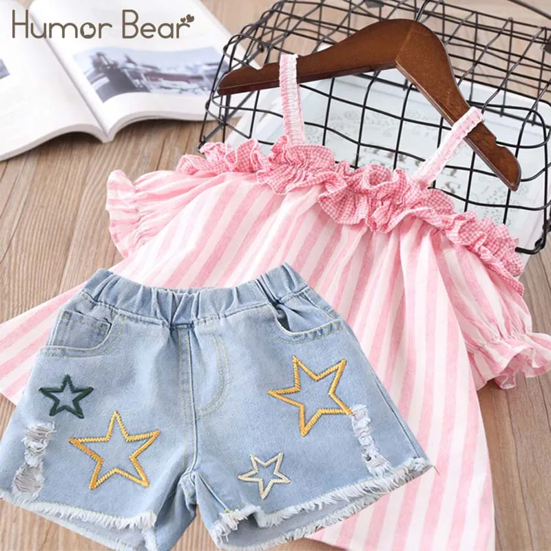 Humor Bear/ г. Новые летние модные стильные комплекты одежды для девочек Дизайнерская футболка с вышивкой+ джинсы, детская одежда комплекты детской одежды - Цвет: pink