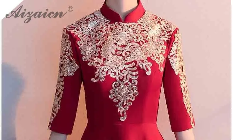 Невесты Qipao Мода г. красный Вышивка китайское вечернее платье женатый элегантный Cheongsam Длинные Qi Pao девушка принцесса вечерние платья