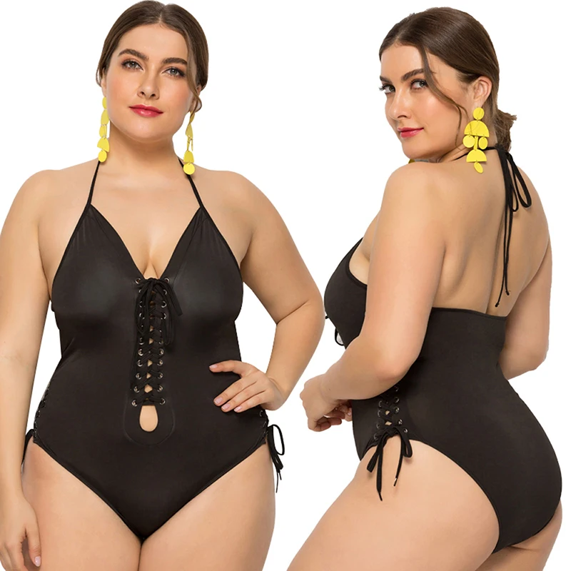 Diwish 2019 женский купальник большие размеры на шнуровке 5XL однотонный черный