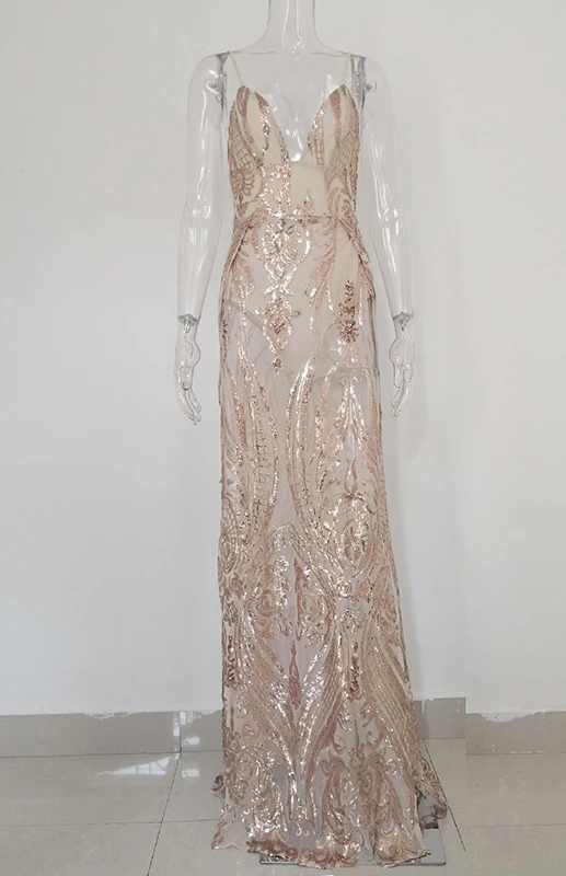 Золотой Модное Вечернее платье с золотыми блестками для женщин, Vestidos De Festa, с v-образным вырезом, на тонких бретелях, с разрезом, макси платье, женское Клубное сексуальное длинное платье - Цвет: Золотой