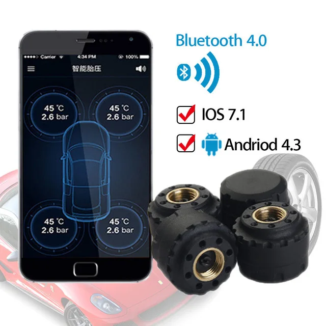 4 внутренние датчики TPMS автомобиля Bluetooth 4.0 шин Давление psi Bar Температура