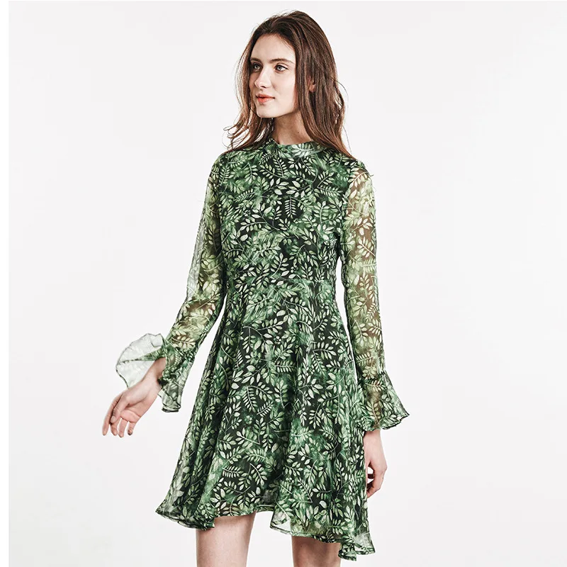 MECEBOM Women dresses summer fashion comfortable green long flare sleeve Leaves-print lady dress 216c | Женская одежда