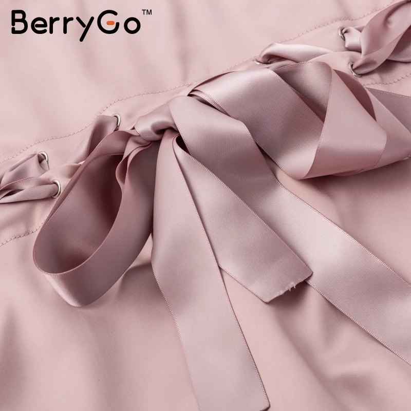 BerryGo элегантная простая куртка пальто со шнуровкой Женская Розовая атласная