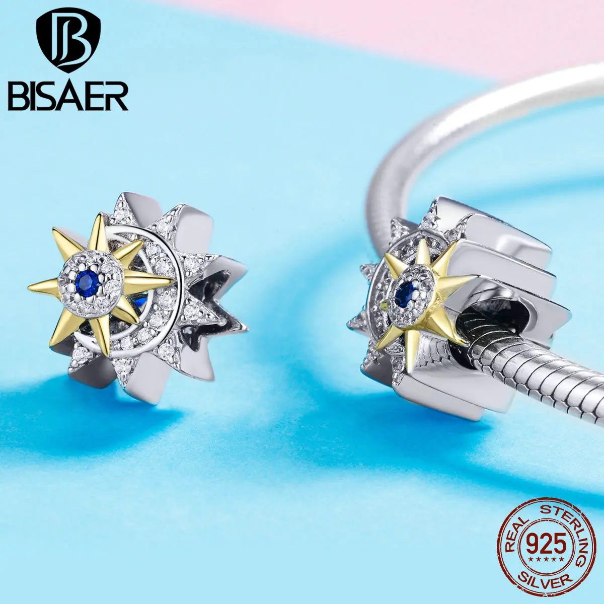BISAER, 925 пробы, серебряные подвески солнце и луна, прозрачные CZ циркониевые бусины с планетой, подходят для браслетов, сделай сам, 925 серебряные ювелирные изделия ECC1137