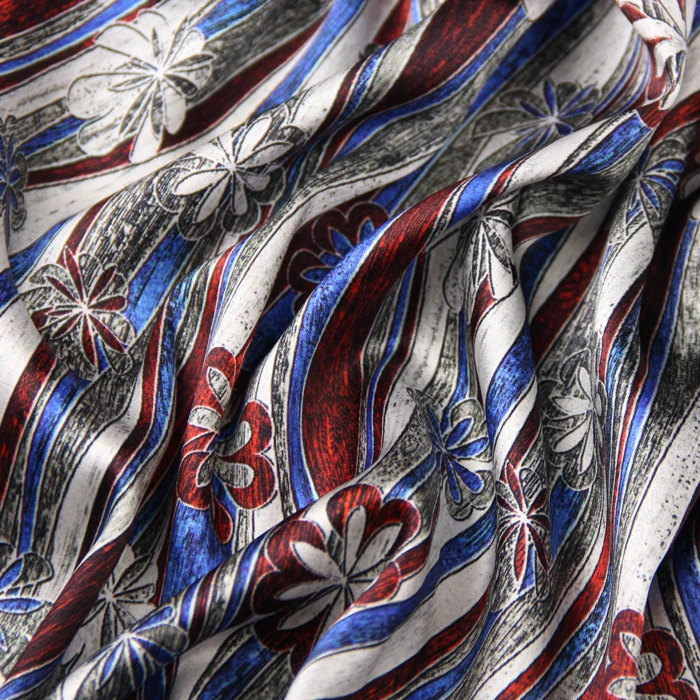 

118CM Wide 19MM 93% Silk & 7% Spandex Blue Red Floral Stripe Print Stretch Silk Satin Fabric for Dress Cheongsam D985