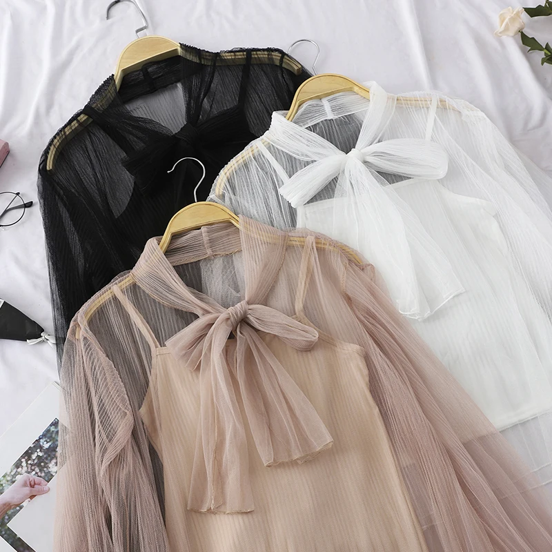 

Осенняя Корейская винтажная модная блузка, элегантная женская блузка с длинным рукавом из плиссированной газовой ткани, блузка свободного ...