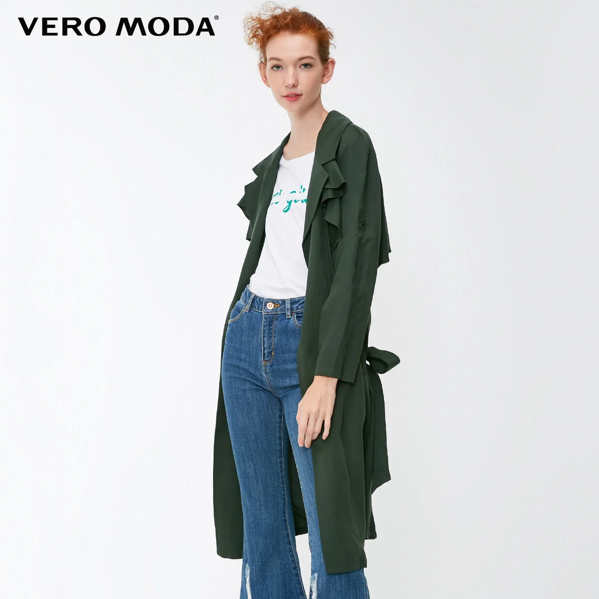 Vero Moda женский лацкан гофрированные планки регулируемые рукава длинный ветровка пальто | 318321521 - Цвет: Dark safari s
