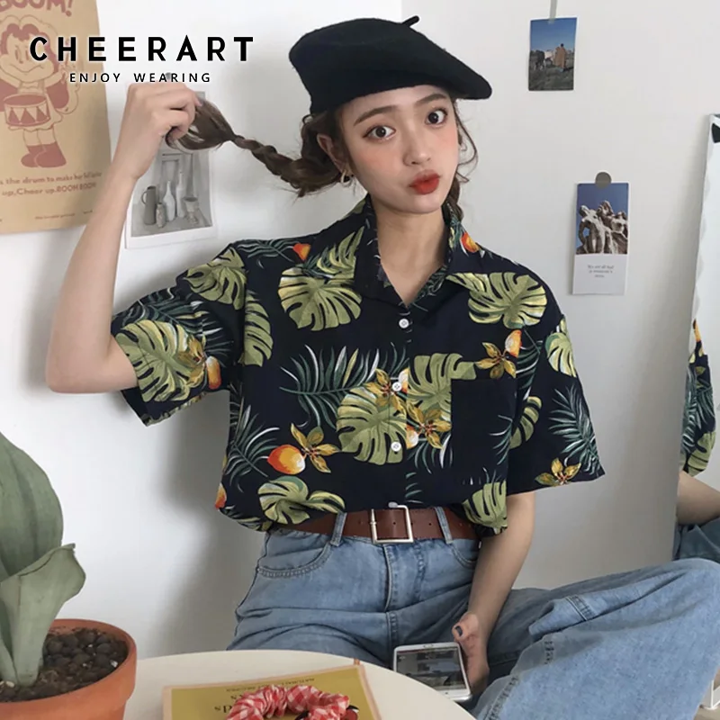 Женская шифоновая блузка Cheerart с принтом листьев коротким рукавом летний