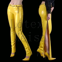 latex meisa straight pants womens latex trousers with side zip decorations no belt in yellow color