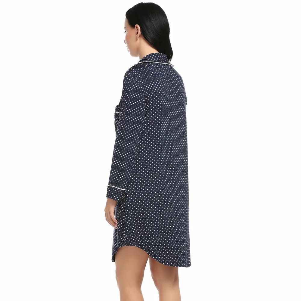 Ekouaer Women Sleepshirt Sexy Nightgowns Turn Down Collar Long Sleeve Polka Dot Solid Lounge Sleep Shirt Sleepwear | Женская одежда