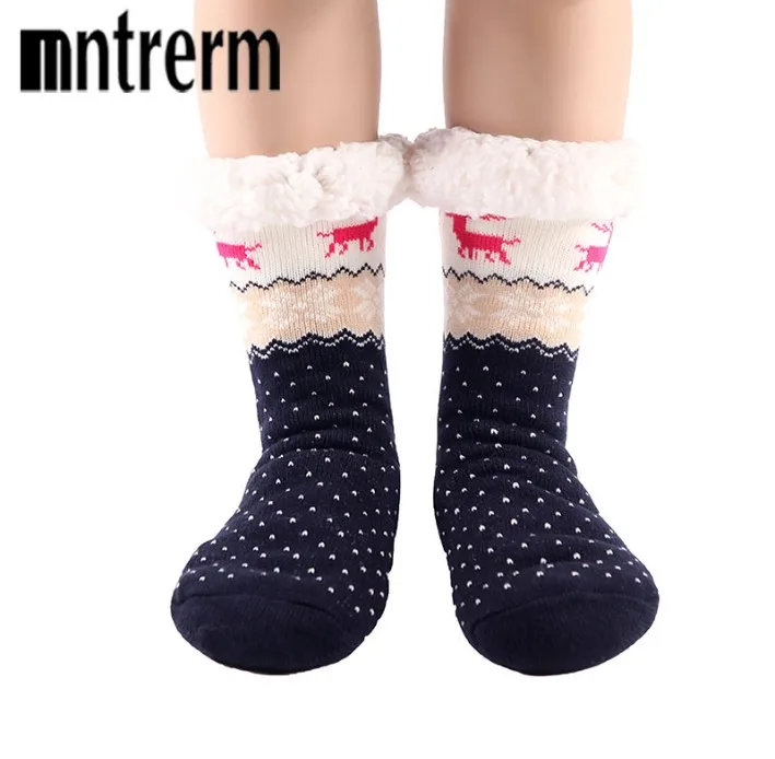 bit deer blue Mntrerm/высококачественные зимние рождественские носки-тапочки; утепленные женские нескользящие носки с рисунком оленя; подарок; вязаные шерстяные тапочки - Цвет: bit deer blue