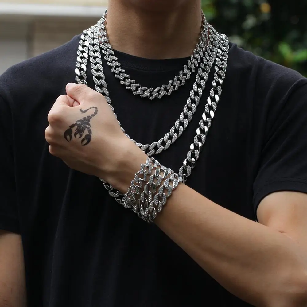 2 шт./компл. для мужчин хип-хоп iced out bling Chain Ожерелье и браслеты 15 мм ширина кубинские цепи ожерелье s ювелирные изделия Хип-хоп подарки