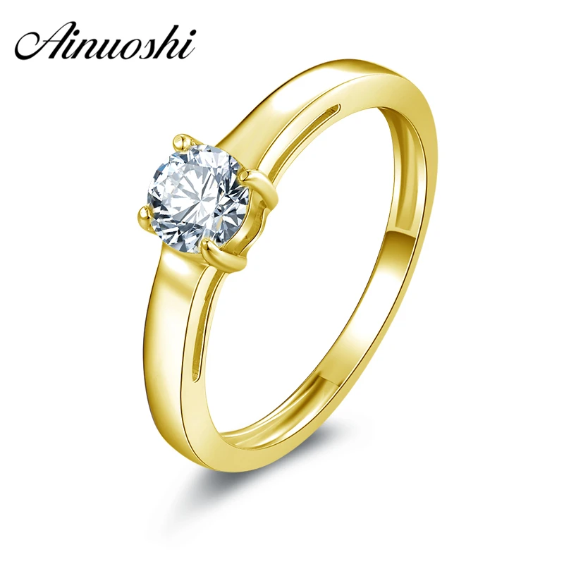 AINUOSHI, 14 к, твердое желтое золото, круглые кольца, 4 когти, 0,5 ct, SONA, имитация бриллианта, Женское Обручальное обручальное кольцо