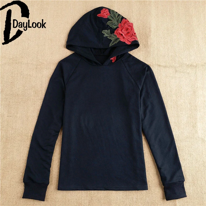 Daylook Chic осень модные женские туфли кофты с длинным рукавом капюшоном черный Blusa Свободные Роза Вышивка