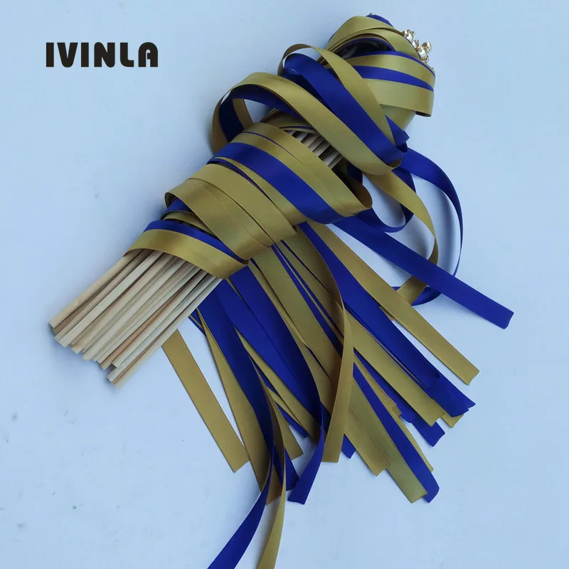 

50Pieces/Lot Gold wedding ribbon wands with gold bell for wedding decoration
