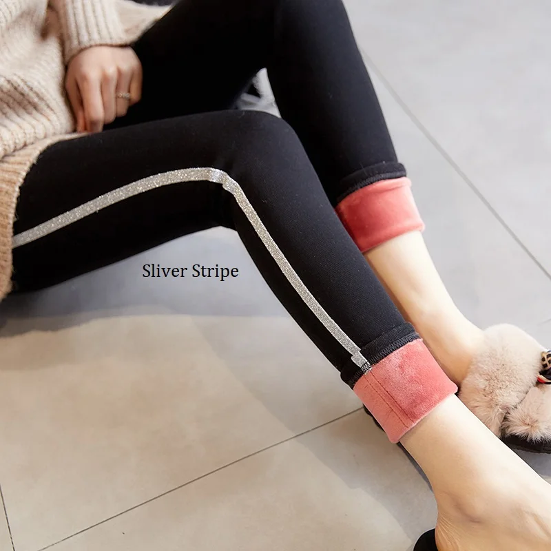 2018 Женские Черные Полосатые Леггинсы зимние плотные бархатные леггинсы узкие