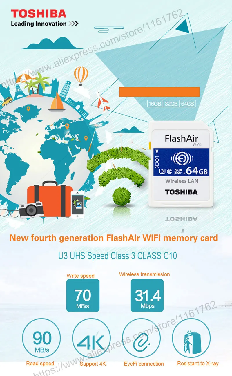 TOSHIBA W-04 карта памяти Беспроводная LAN 64 ГБ 32 ГБ 16 ГБ Wi-Fi SD карта U3 UHS класс скорости 3 FlashAir беспроводная SD карта памяти