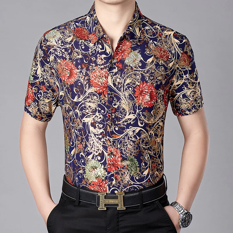 Рубашка мужская бархатная с коротким рукавом и цветочным принтом 3XL|Повседневные