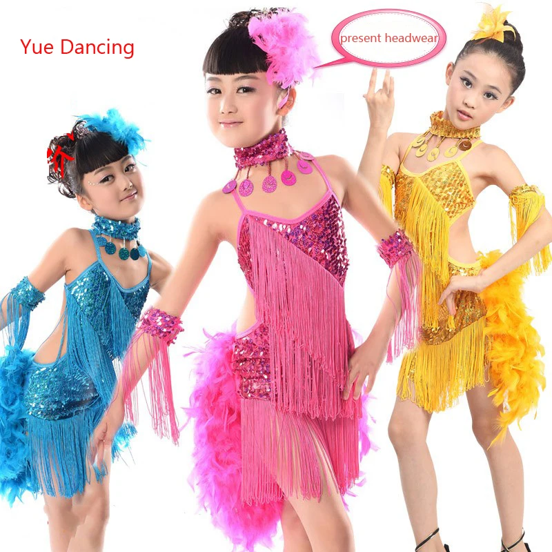 

От 2 до 15 лет детская одежда с блестками для латинских танцев платье для девочек Самба костюм с перьями, с бахромой, с кисточками Танго одежда...