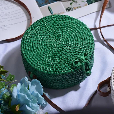 green20x8cm Новые черные круглые сумки из ротанга для женщин, богемная пляжная сумка-Кроссбоди, соломенная ручная работа, тканая круглая сумка на плечо, женские сумки - Цвет: green20x8cm