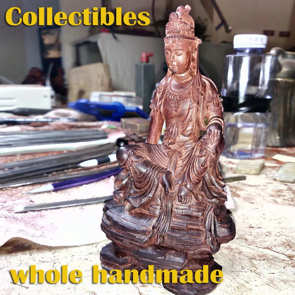 

wood Avalokitesvara Buddha Lobular Red Sandalwood of indian Statue Carving heirloom and cellection Chinese Figure Carving