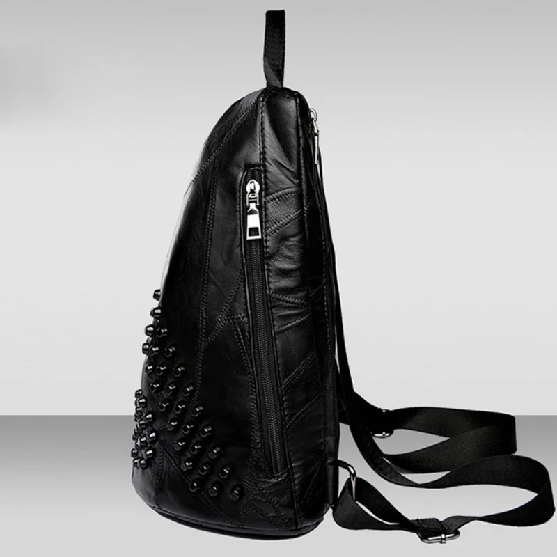Модные яркие Для женщин мягкий кожаный рюкзак дамы черный заклепки Винтаж
