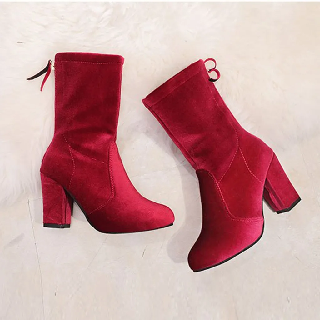 RD JAYCOSIN Women Ankle Boots shoes woman Heels Solid Flock Thick High Heel Black Zipper winter boots women botas mujer 715 - Цвет: RD