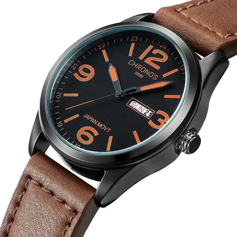 Часы CHRONOS мужские с кожаным ремешком брендовые Роскошные в японском стиле