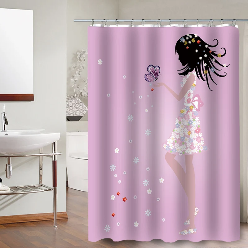 

FOKUSENT New Design Colorful Girl Butterfly Flower Bird Polyester Fabric Waterproof Shower Curtains for Bathroom