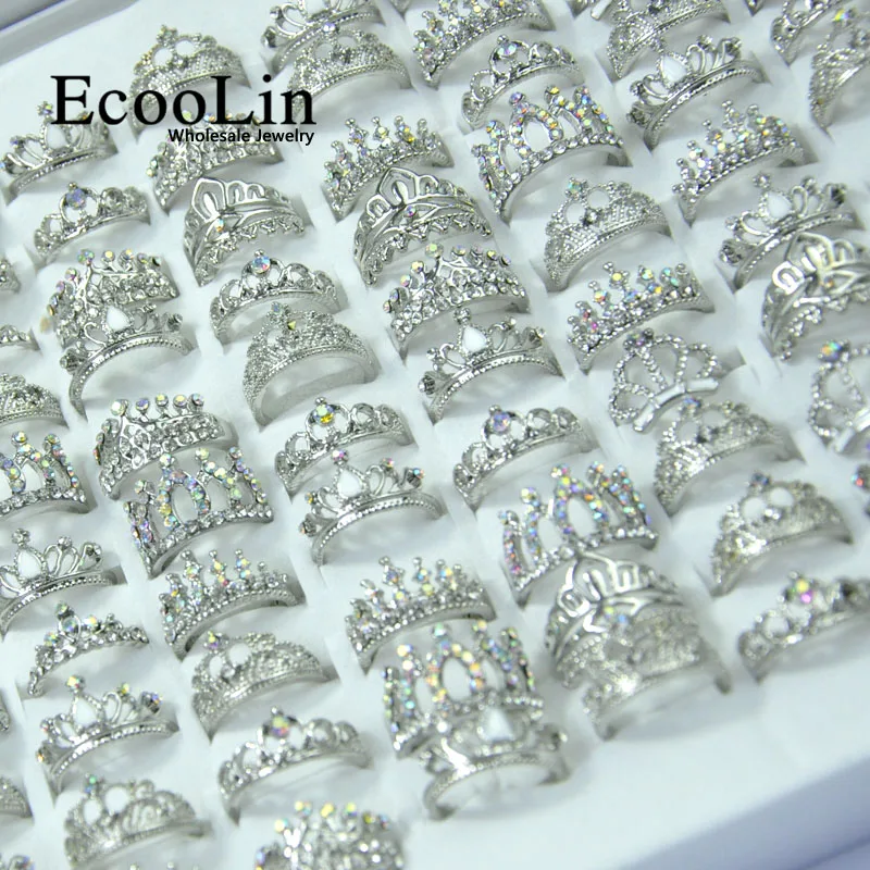 

10Pcs Fashion Zircon Shiny Crown Silver Plated Rings Lots For Women Ladies Engagement Wedding Jewelry Bulk Packs LR4024